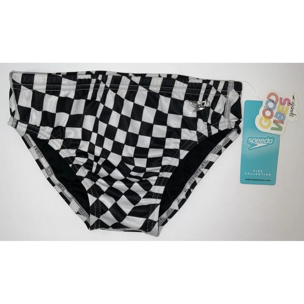 NWT Men's Speedo Vibe Collection Eco Endurance Brief Swim Trunks Black White 26